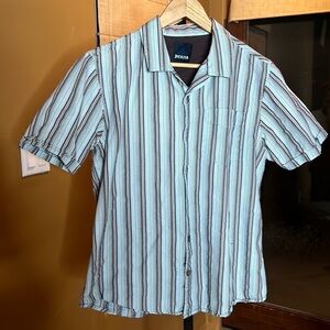 PRANA Coconut Button Down Shirt Blue Brown Dot Striped Size Medium